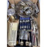 EPNS TABLEWARE & CUTLERY cased. boxed and loose and a swing handle bread basket, curved hip flask