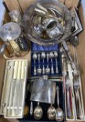 EPNS TABLEWARE & CUTLERY cased. boxed and loose and a swing handle bread basket, curved hip flask