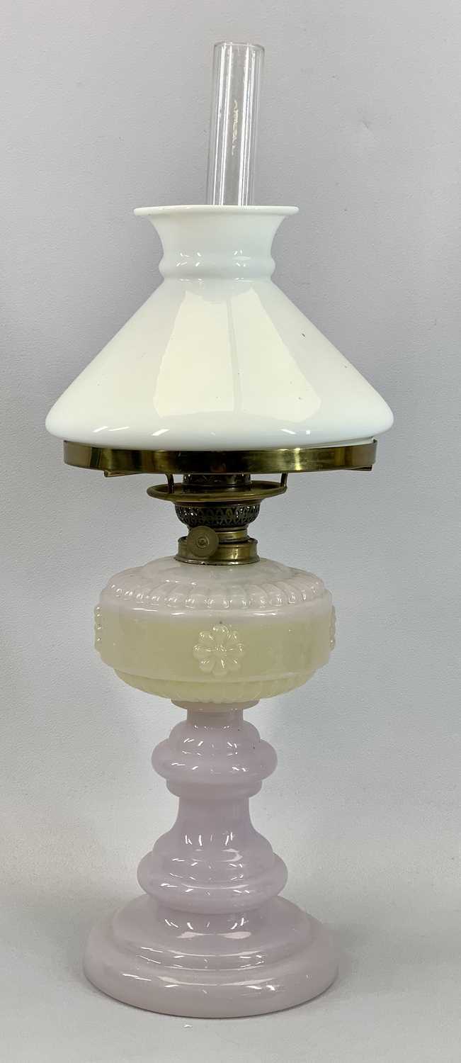 TWO VICTORIAN OIL LAMPS, pink opaque glass oil lamp, Gaudard single burner with conical white opaque