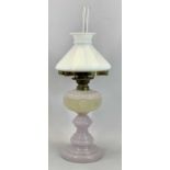 TWO VICTORIAN OIL LAMPS, pink opaque glass oil lamp, Gaudard single burner with conical white opaque