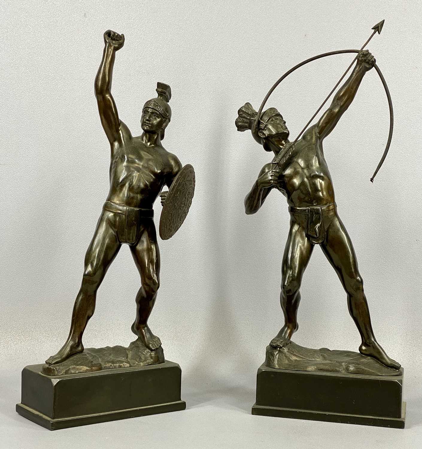 A PAIR OF SPELTER FIGURES Roman archer and Roman soldier holding shield, 42cms (h) Provenance: