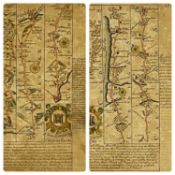 J. OWEN & E. BOWEN (1753 or later) hand coloured engraved road strip maps a pair, Carmarthen -