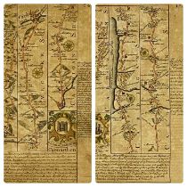 J. OWEN & E. BOWEN (1753 or later) hand coloured engraved road strip maps a pair, Carmarthen -