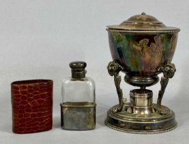 VICTORIAN SILVER PLATED EGG WARMER & A SMALL HIP FLASK, lidded warmer with interior four egg