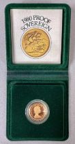 QUEEN ELIZABETH II 1980 GOLD PROOF FULL SOVEREIGN, protective plastic capsule, original presentation