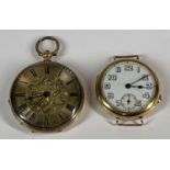 TWO 18CT GOLD CASED WATCHES, fob watch, chased dial centre, Roman numerals, decorative case back