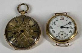 TWO 18CT GOLD CASED WATCHES, fob watch, chased dial centre, Roman numerals, decorative case back