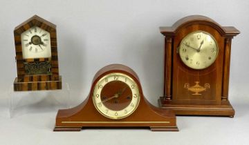 THREE MANTEL CLOCKS including Edwardian inlaid mahogany cased with circular silvered dial with