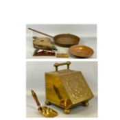 VINTAGE FIRESIDE & OTHER METALWARE, to include brass coal bin, interior liner and scoop, repousse