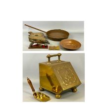 VINTAGE FIRESIDE & OTHER METALWARE, to include brass coal bin, interior liner and scoop, repousse