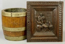 RELIEF PANEL & COOPERED OAK HALF BARREL, one barrel hoop stamped Peter Walker & Son, Warrington &