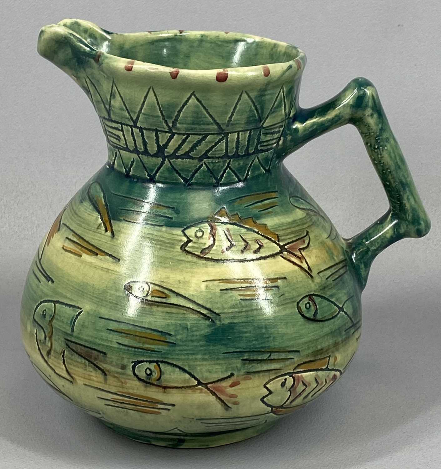 MABEL LEIGH SHORTER JUG, green and cream glazed and with incised decoration of fish, various - Image 2 of 6