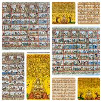 COLLECTION OF EIGHT KAMASAN HAND PAINTED CLOTH PANELS, mainly calendars, 84 x 96cms the largest