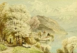 ‡ EBENEZER WAKE COOK (19th century) watercolour - continental lake landscape with figures in
