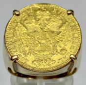 AUSTRIAN ONE DUCAT 1915 COIN MOUNTED 9CT GOLD RING, mid T-U, 11.9gms gross Provenance: private