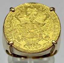 AUSTRIAN ONE DUCAT 1915 COIN MOUNTED 9CT GOLD RING, mid T-U, 11.9gms gross Provenance: private