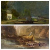 ‡ JOHN WHITTLE oil on board - figures and boats ashore in harbour overlooked by castle, inscribed