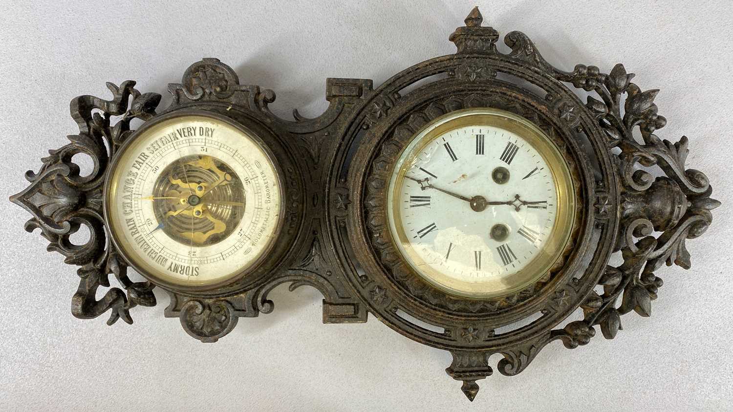 TWO VICTORIAN & LATER WALL BAROMETERS, comprising cast iron frame example with lower clock and upper - Image 2 of 3