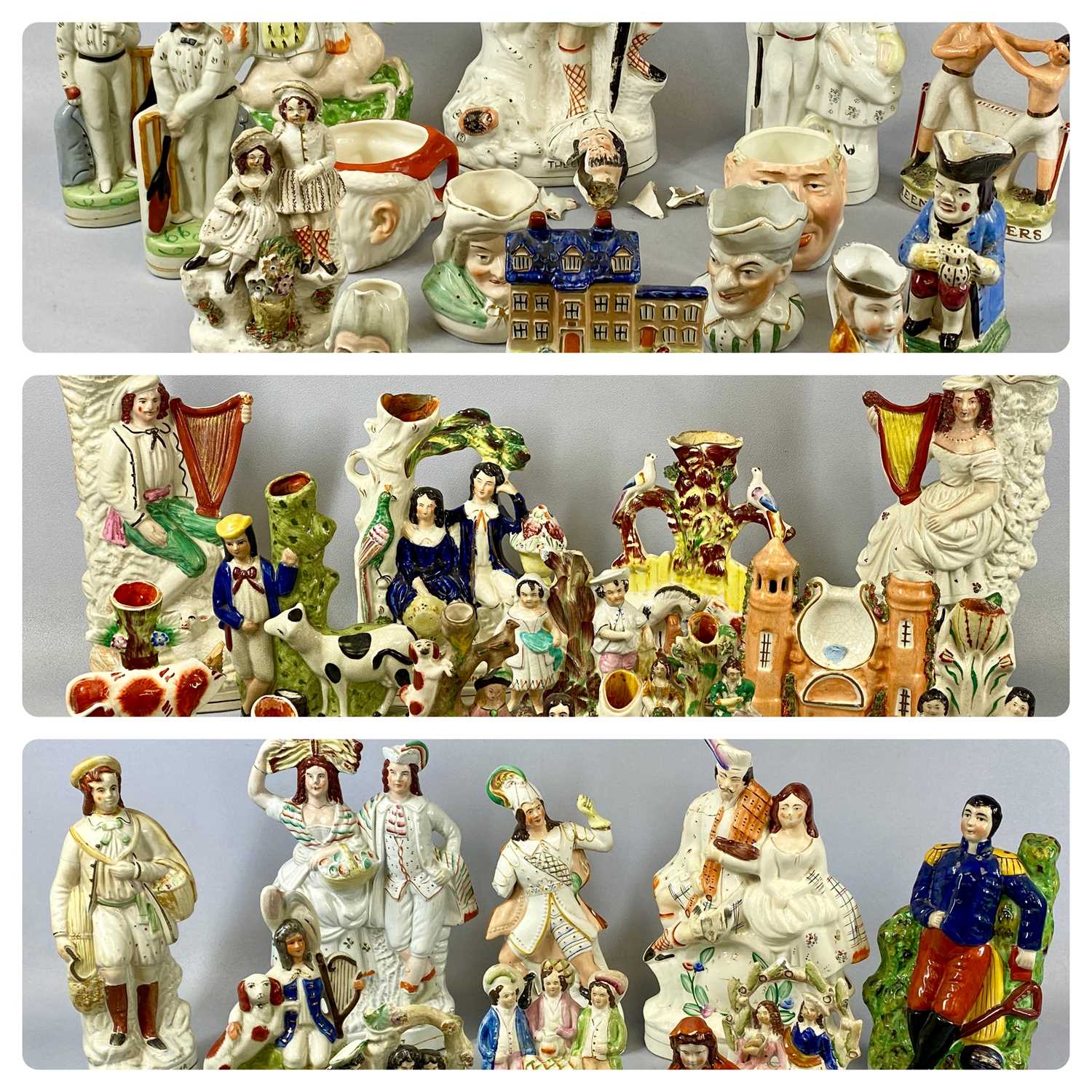 STAFFORDSHIRE POTTERY FIGURINES, to include spill holders, flatback figurines, courting couples,