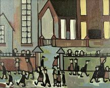 ‡ KARL DAVIES oil on canvas - figures in street, entitled "Amser Mynd Adref" (Time to go Home),