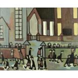 ‡ KARL DAVIES oil on canvas - figures in street, entitled "Amser Mynd Adref" (Time to go Home),