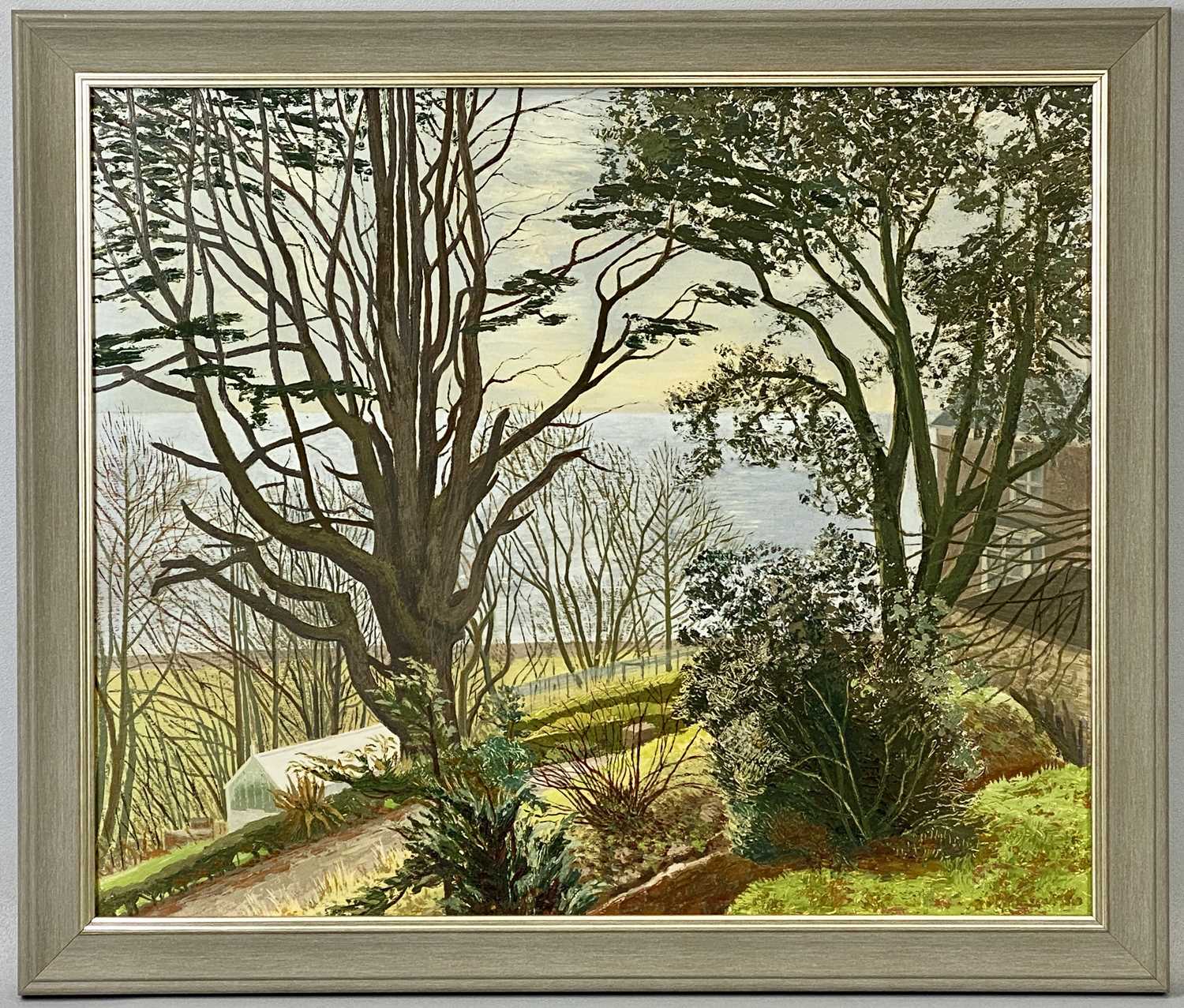 ‡ FELICITY CHARLTON oil on board - sea view through garden with greenhouse in foreground, 50 x 60cms - Image 2 of 3