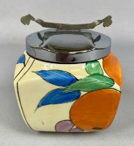 'BIZARRE' BY CLARICE CLIFF NEWPORT POTTERY SUGAR CUBE POT, decorated with oranges, the chrome lid