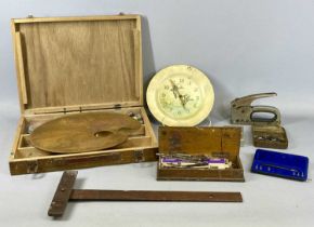 WOODEN ARTISTS CASE, OFFICE GOODS, DRAWING INSTRUMENTS ETC., the case labelled V. Casterbridge,