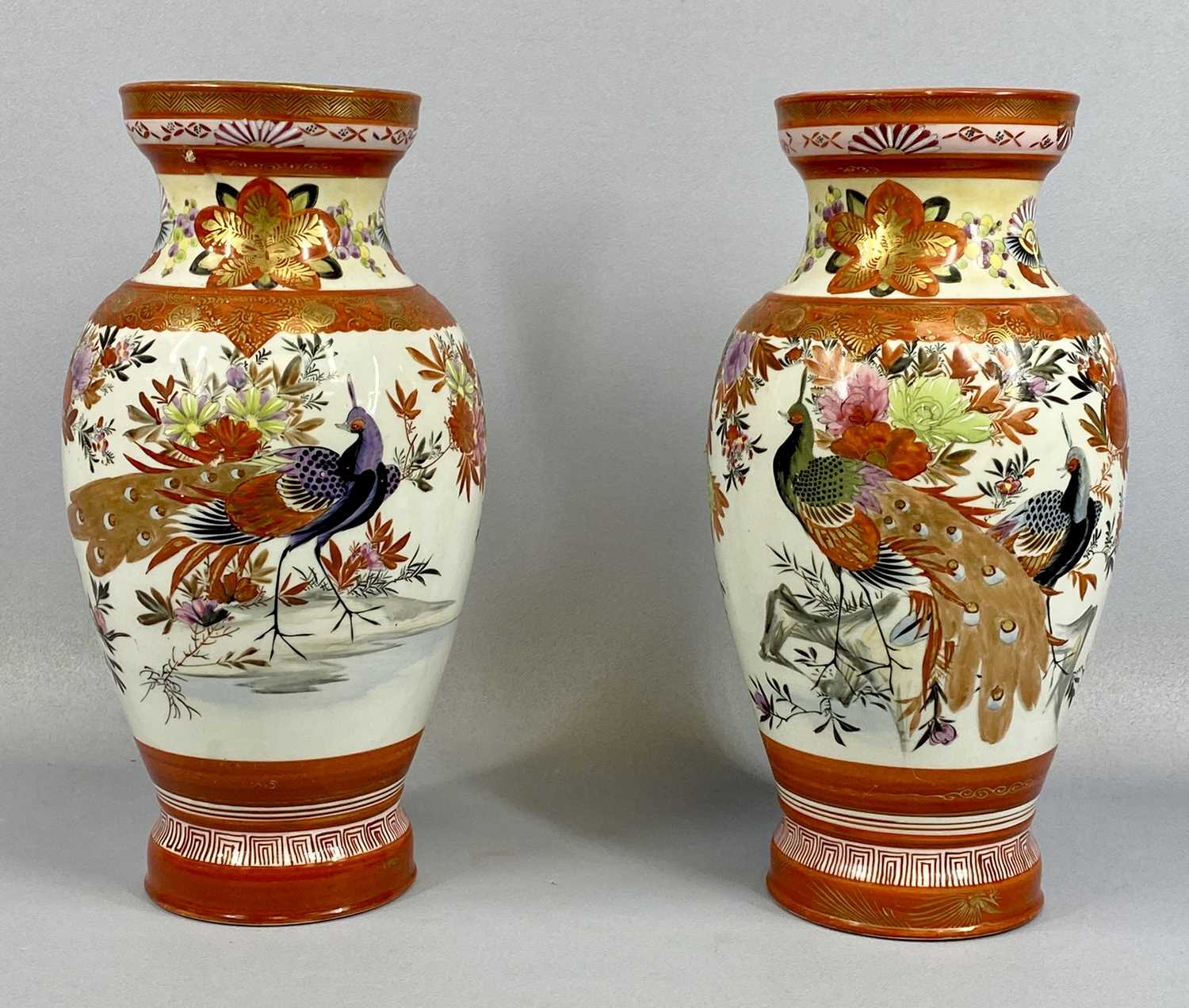JAPANESE KUTANI VASES A PAIR, late 19th century, decorated with exotic birds and flowers, signed