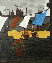 ‡ STEPHEN JOHN OWEN oil on canvas - flowering pots and washing, entitled "Iard Gefn Auntie Bett