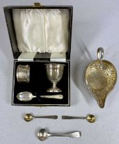 SMALL SILVER/WHITE METAL SELECTION, comprising cased three piece egg cup, napkin ring and spoon set,