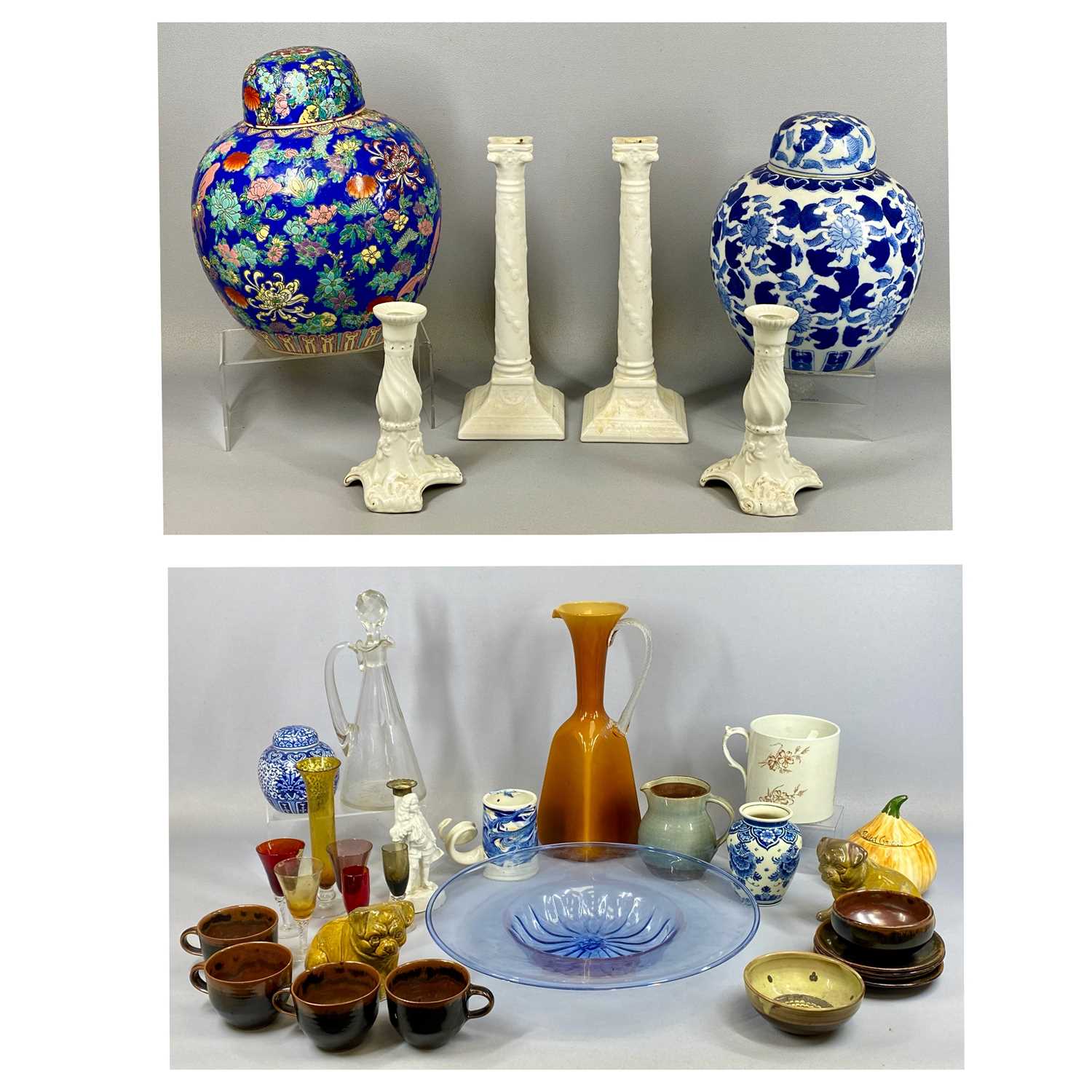 GROUP OF MIXED CERAMICS, including a contemporary Chinese ginger jar and cover, polychrome floral