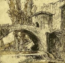 ‡ FRANK BRANGWYN RA RWS RBA copper plate etching - "Bridge at Subacio - 1924", signed in pencil,