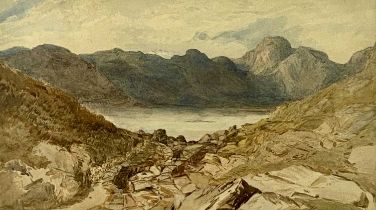 ATTRIBUTED TO DAVID COX JUNIOR watercolour - titled verso "Llyn Crafnant", 25 x 44.5cms