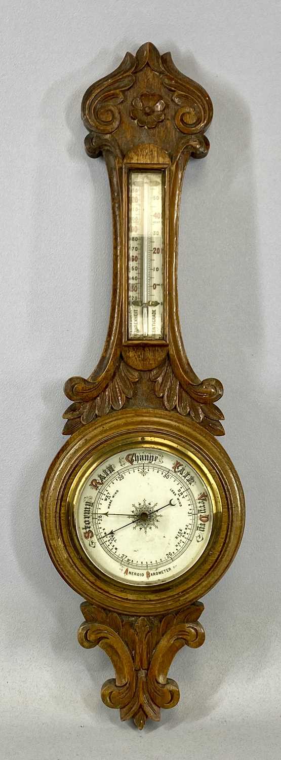 TWO VICTORIAN & LATER WALL BAROMETERS, comprising cast iron frame example with lower clock and upper - Image 3 of 3