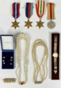 UNMARKED GROUP OF FOUR WWII MEDALS, JEWELLERY & TWO TONE BRACELET WATCH COLLECTION, the medals in