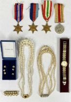 UNMARKED GROUP OF FOUR WWII MEDALS, JEWELLERY & TWO TONE BRACELET WATCH COLLECTION, the medals in