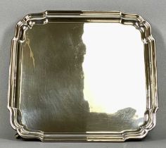 EDWARD VIII SQUARE SILVER SALVER, shaped raised border, four stepped hoof feet, Birmingham 1937,