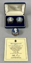 THREE HALLMARKED SILVER WEDGWOOD JASPERWARE CAMEO CIRCULAR LIDDED BOXES, Queen Elizabeth II numbered