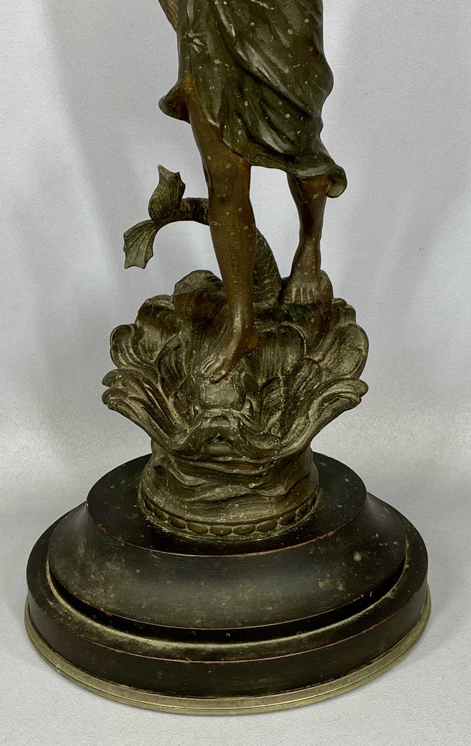 BRONZED SPELTER FIGURE of a lady holding two handled pot aloft, oval ebonised plinth, 63cms (h) - Image 3 of 3