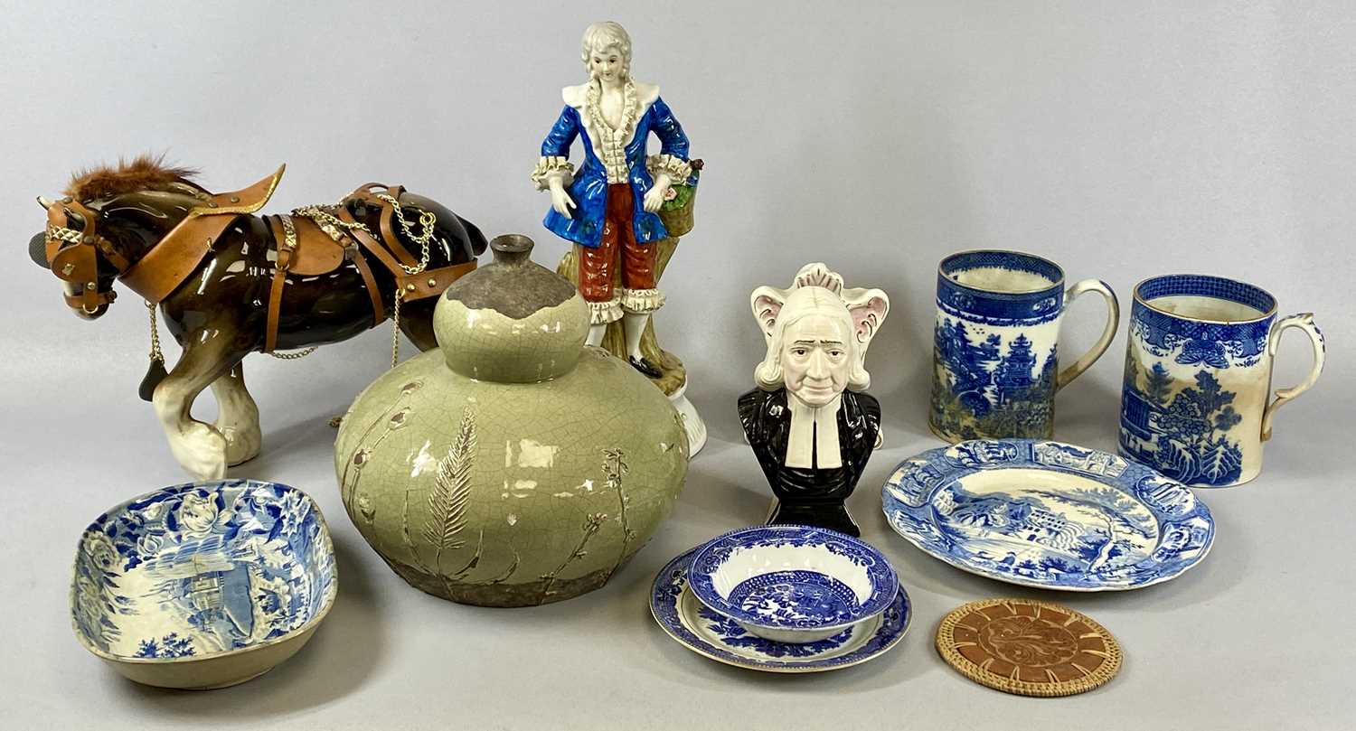 MIXED POTTERY PORCELAIN & GLASSWARE, within two boxes to include pottery shire horse, early blue and - Image 2 of 3