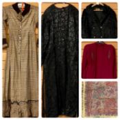 ANTIQUE/VINTAGE CLOTHING, including a Paisley print shawl, black fur jacket, silk trimmed dress etc.