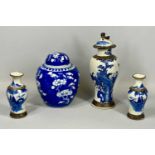 CHINESE CERAMICS, 19th century blue and white lidded vase, 29cms (h), similar pair of vases,