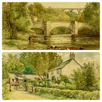 ‡ SAMUEL MORRIS JONES ARCA watercolours a pair - angler fishing by bridge with aqueduct beyond and