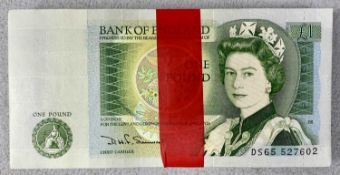 ONE HUNDRED CONSECUTIVE RUN ONE POUND BANK NOTES, unused near mint, consecutive numbers DS65527602 -