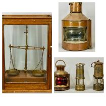 GROUP OF MIXED COLLECTABLES, including chemist's scales glazed mahogany case, 50cms (h), copper