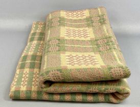 WELSH WOOLEN BLANKET, pink, green and cream geometric pattern, double sided, 214 x 183cms