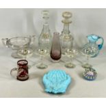 GROUP OF MIXED GLASSWARE, including blue milk glass hands dish, 19.5 x 14.5cms, a Millefiori