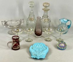 GROUP OF MIXED GLASSWARE, including blue milk glass hands dish, 19.5 x 14.5cms, a Millefiori