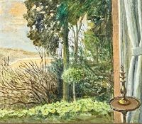 ‡ FELICITY CHARLTON oil on board - open window with candlestick on table, view of bay beyond, 25.5 x